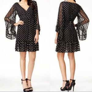 Betsey Johnson Sheer Bell Sleeve V-neck Polka Dot Dress Size 4